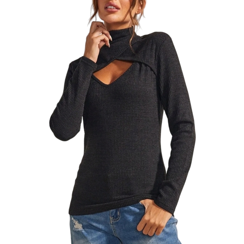 Simple by Suzanne Betro Black Long Sleeve V-Neck Cutout Mock Neck Top, Size 1X
